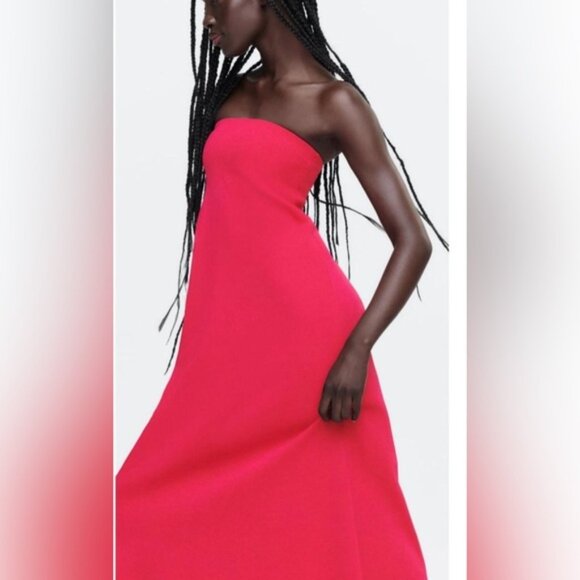 NWT ZARA Strapless Fuchsia Knit Midi Tube Dress Straight Neck 6873/013 Small - Picture 2 of 12